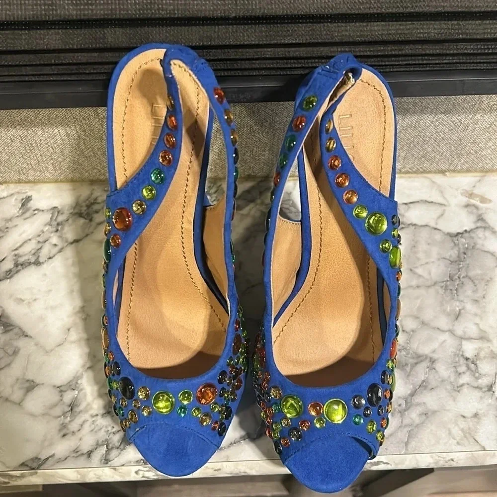 Liliana Women’s Phoebe 2 Heels Rhinestone Peep Toe Platform Slingback‎ Pumps NIB